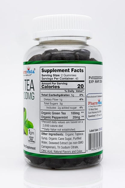 Pharmvista Green Tea & Peppermint Gummies 100mg - Gluten Free, Non-GMO, Antioxidant/Mineral Rich Supplement - 90 Count