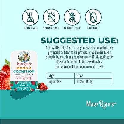 Mood & Cognition Dissolving Strips by MaryRuth's | Vitamin B12 | Vitamin B6 | Saffron | Folate | B Vitamins | Sugar Free | Strawberry Flavor | Vegan | Gluten Free | Dairy Free | 30 Count