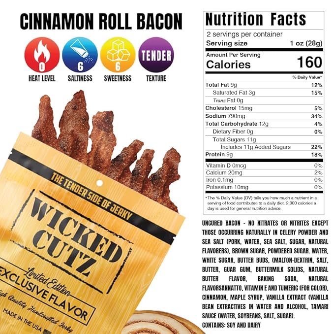 Cinnamon Roll Bacon Jerky, Protein Per Bag, Tender & Easy to Chew Fully Cooked Bacon, USA Made, High Protein Snacks (2 Bags)