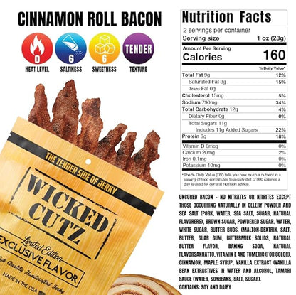 Cinnamon Roll Bacon Jerky, Protein Per Bag, Tender & Easy to Chew Fully Cooked Bacon, USA Made, High Protein Snacks (2 Bags)