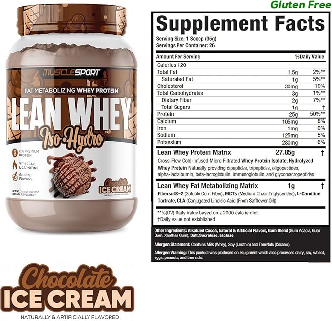 MuscleSport Lean Whey Revolution™ Protein Powder - Whey Protein Isolate - Low Calorie, Low Carb, Low Fat, Incredible Flavors - 25g protein per scoop - 2lb Chocolate Ice Cream