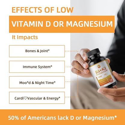 M inch Vitamin D3 K2 with Magnesium, Vitamin D3 10000 IU, Vitamin K2 MK-7 240 mcg, 6-in-1 K2 D3 Vitamin Supplement with Quercetin for Bone, Immune & Moo*d Support, Highly Bioavailable, 120 Capsules