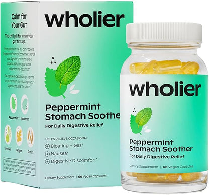 wholier Peppermint Oil, Ginger Root Oil for Bloating Relief, Nausea Relief, Upset Stomach Relief + Gut Health. Daily Herbal Supplement. Peppermint Stomach Soother. (60 Vegan Capsules) Glass Bottle