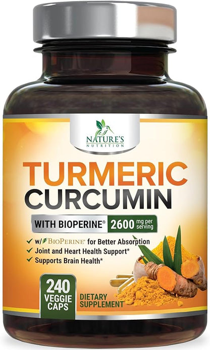 Turmeric Curcumin Supplement - 2400mg Organic Turmeric Per Serving - 95% Curcuminoids & BioPerine Black Pepper Extract for Best Absorption - Natural Vegan Joint Support, Bottled in USA - 240 Capsules