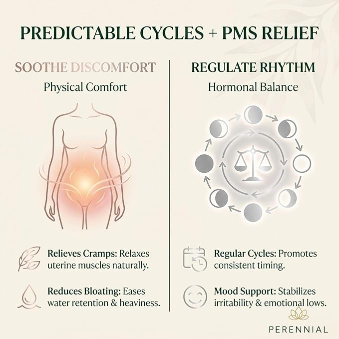 Perennial Healthy Cycles – PMS and Period Relief Supplement with Vitex, Dong Quai, and Raspberry Leaf – Supports Menstrual Balance and Comfort – Natural Formula for Women’s Cycle Health – 120 Capsules