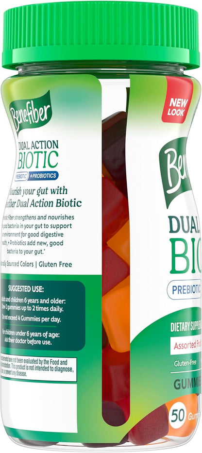 Benefiber Prebiotic GLP-1 Friendly Fiber Supplement Gummies with Probiotics for Digestive Health, Assorted Fruit Flavors - 50 Count