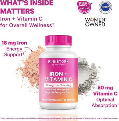 Pink Stork Iron for Women – 18 mg Non-Constipating Iron Bisglycinate + Vitamin C for Optimal Absorption – Energy, Focus, & Oxygen Supply – PMS, Pregnancy, Postpartum & Perimenopause - 60 Capsules