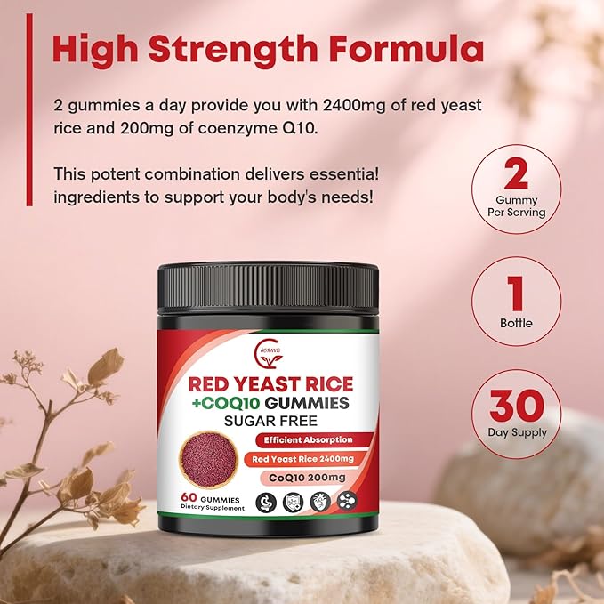 GORNVB Red Yeast Rice with Coq10 Gummies, Red Yeast Rice 2400 mg with CoQ10 200 mg for Cholesterol Lowering Supplements, Sugar Free, Non-GMO, Vegan Heart Health Support – 60 Counts