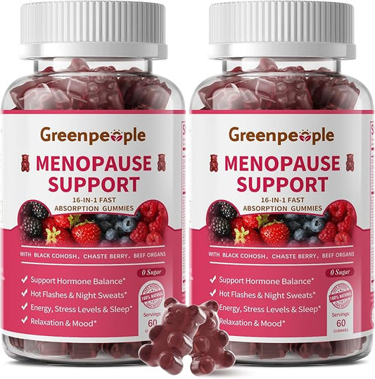 GREENPEOPLE Menopause Supplements for Women Gummies - 16-in-1 Dual Action Menopause Relief W/Black Cohosh, Vitex, Beef Organs for Hormone Balance, Hot Flashes, Night Sweats & Mood, 60 CT (2 Packs)