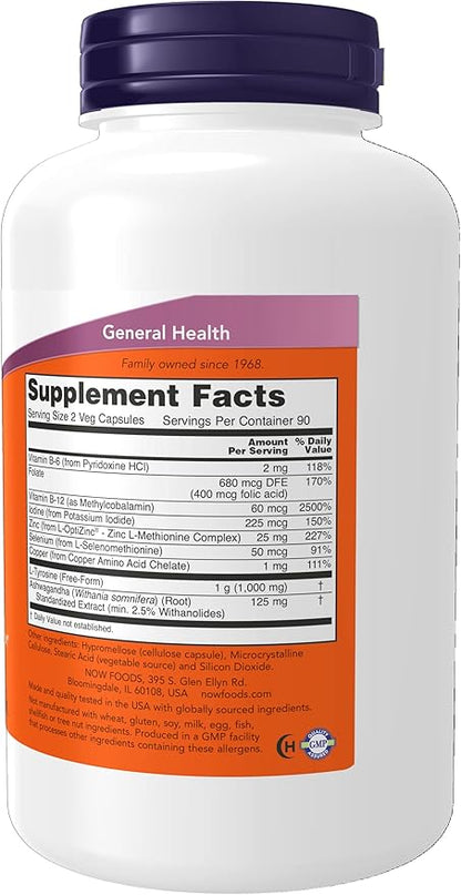 NOW Foods Supplements, Thyroid Energy™, Iodine and Tyrosine Plus Selenium, Zinc and Copper, 180 Veg Capsules (Pack of 2)