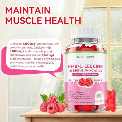 HMB & L-Leucine Gummies with Calcium, Amino Acid Supplement, L Leucine Supplements for Men & Women, Raspberry Flavor, 60 Count