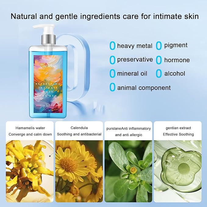 Refresh Gentle Intimate Wash for Men, Daily Cleanser with Lactic Acid & Menthol, pH Balanced for Sensitive Skin, Blue, 10.14 fl oz