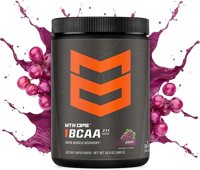 MTN OPS BCAA Powder 2:1:1 Amino Acids Supplement Powder for Rapid Muscle Recovery & Repair with Zero Sugar & Gluten Free - 30 Servings, Grape