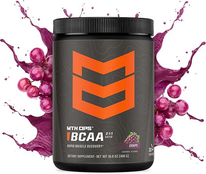MTN OPS BCAA Powder 2:1:1 Amino Acids Supplement Powder for Rapid Muscle Recovery & Repair with Zero Sugar & Gluten Free - 30 Servings, Grape
