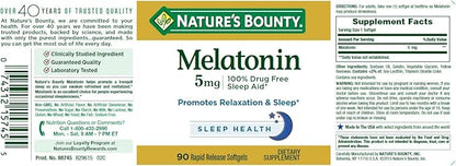 Melatonin by Nature's Bounty, 100% Drug Free Sleep Aid, Dietary Supplement, Promotes Relaxation and Sleep Health, 5mg, 90 Rapid Release Softgels