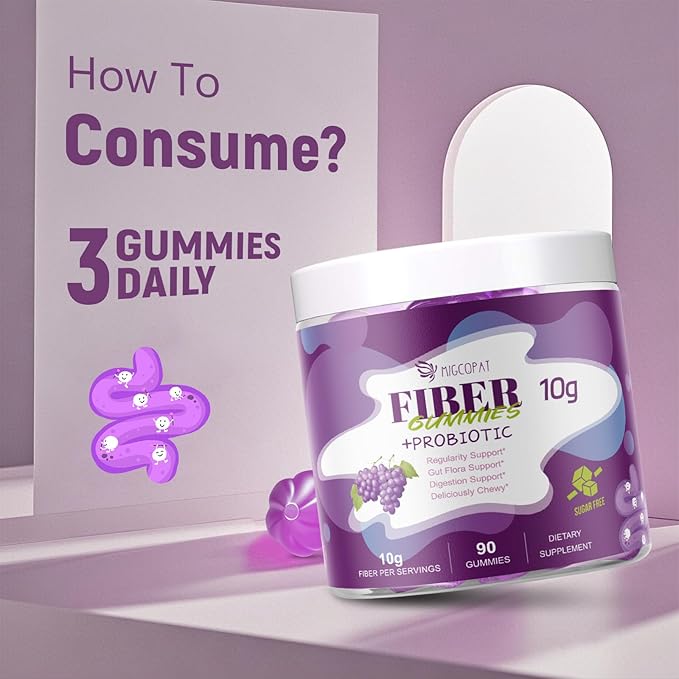 Migcopat 10G Fiber Gummies for Adults, No Sugar Added Grape Flavor, Fiber Supplement with 30 Billion CFU Probiotics Blend, ACV, Vitamin C, Inulin, Support Digestive Health, 90 Count