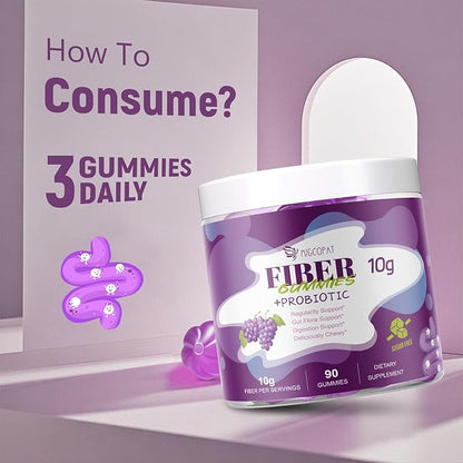 Migcopat 10G Fiber Gummies with 30 Billion CFU Probiotics, Grape Flavor, Bloating Support, Fiber Supplement with Vitamin C, ACV, Inulin, Sugar Free, 180 Count