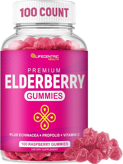 LifeCentric Health Elderberry Gummies for Kids & Adults Plus Vitamin C, Propolis & Echinacea Delicious Raspberry Gummy