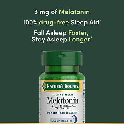 Nature's Bounty Melatonin, Promotes Relaxation & Sleep, 100% Drug Free Sleep Aid, 3 mg, 120 Quick Dissolve Tablets