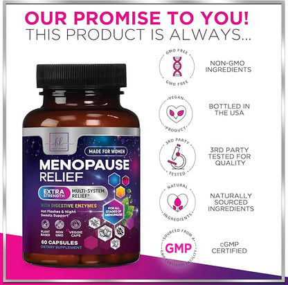 Menopause Supplements for Women - Hot Flash Night Sweats & Menopause Relief Pills - Probiotic Blend 8 Billion CFU Per Serving with Dong Quai & Black Cohosh - Vaginal, Digestive Support - 60 Capsules