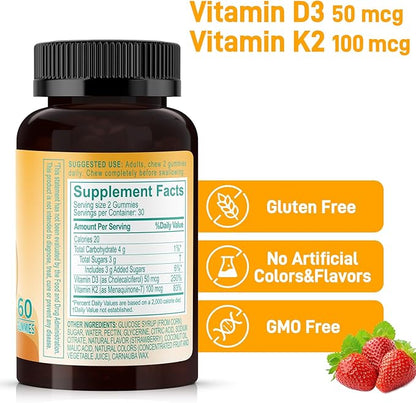 Natural Vitamin D3 K2 Gummies, 2000 IU Vitamin D3 & 100 mcg Vitamin K2,Supports Healthy Bone, Immune Health Supplement, GMO Free, Gluten Free, Strawberry Flavor, 120 Count
