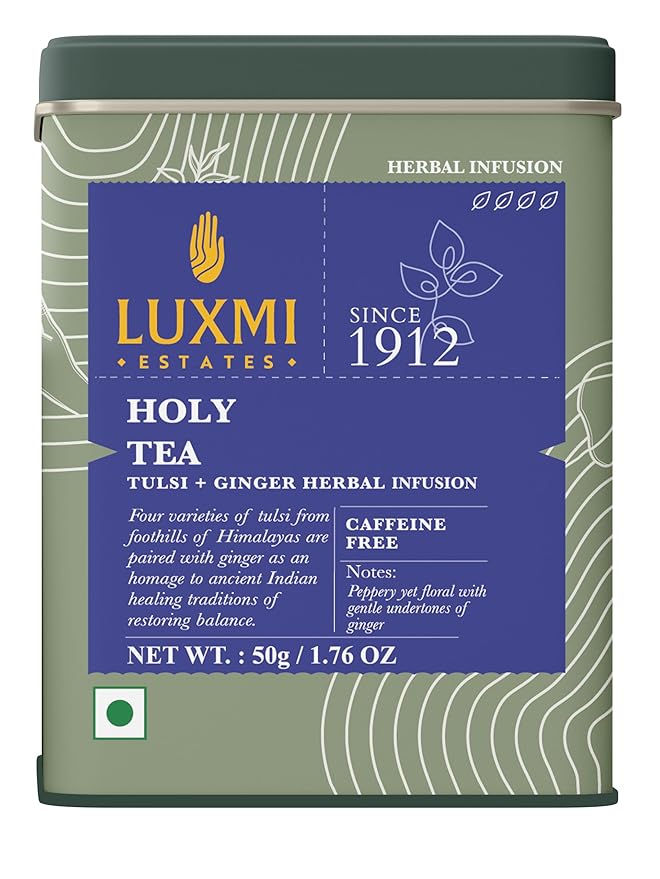 Luxmi Estates Holy Basil Tulsi Ginger Tea for Immunity | Loose Leaf 25 Cups (50g/1.76oz) | Caffeine Free | Non-GMO