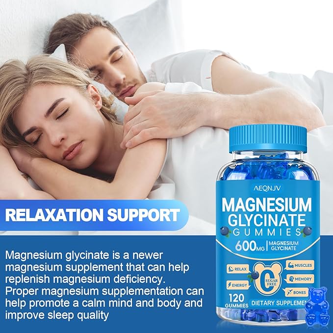Magnesium Glycinate Gummies 600mg, Chewable Sugar Free Potassium Magnesium Gummies, Vitamin D, B6, and CoQ10 for Calm Support & Sleep for Adults, 60 Days Supply, 2 Pack