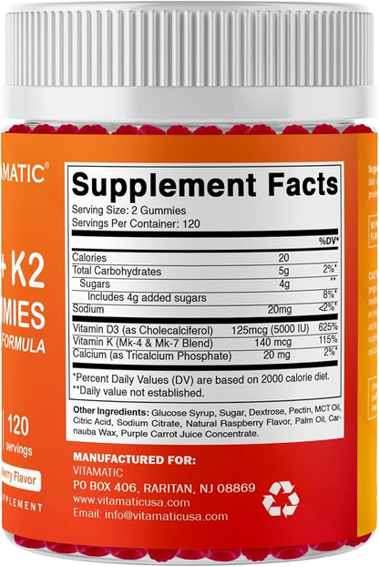 Vitamatic Vitamin D3 K2 with Calcium Gummies - 240 Count - Non-GMO, Gluten Free