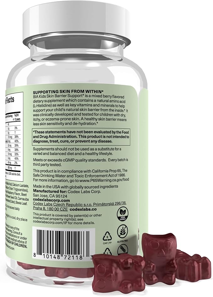 Codex Labs Kids Skin Barrier Support Gummies – Mixed Berry Flavor – 2-Week Supply (60 Gummies) – L-Histidine with Vitamins & Zinc – for Sensitive or Eczema-Prone Skin – Vegan, Non-GMO Supplement