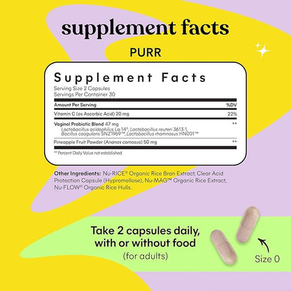 Lemme Purr Vaginal Probiotics for Women - Promotes pH Balance, Healthy Vaginal Odor & Urinary Tract Health w/Lactobacillus Blend, Clinically Tested Strains, Pineapple & Vitamin C - 60 Veggie Capsules