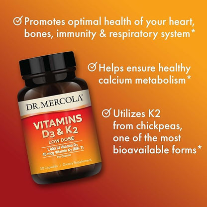 Dr. Mercola Vitamins D3 & K2 Low Dose - Maintain Vitamin D Levels - Supports Immune & Bone Health - MenaQ7 Chickpea-Sourced K2 - Non-GMO, Gluten-Free & Soy-Free - 30 Capsules (30 Servings)
