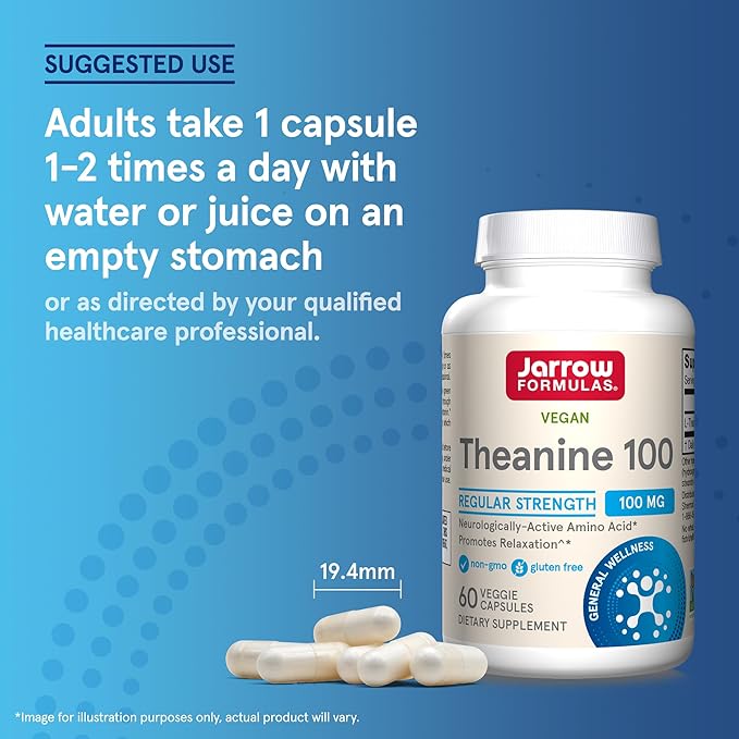 Jarrow Formulas® Regular Strength Theanine 100 mg,Dietary Supplement,60 Capsules,60 Day Supply,(Pack of 2)