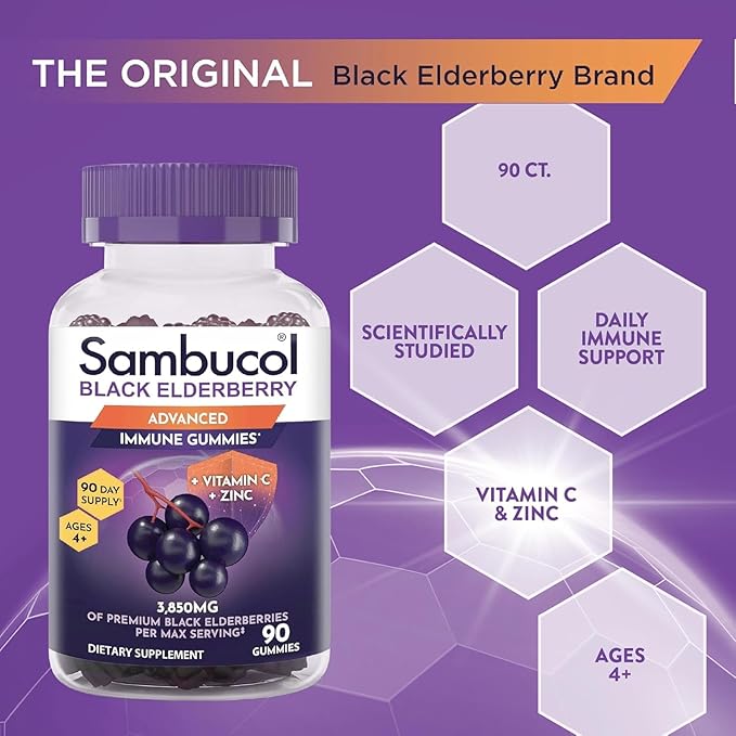 Sambucol Elderberry Gummies - Immune Support Supplement for Adults & Kids with Vitamin C & Zinc, Sambucol Elderberry are High in Antioxidants, Gluten Free, Vegan - 90 Count