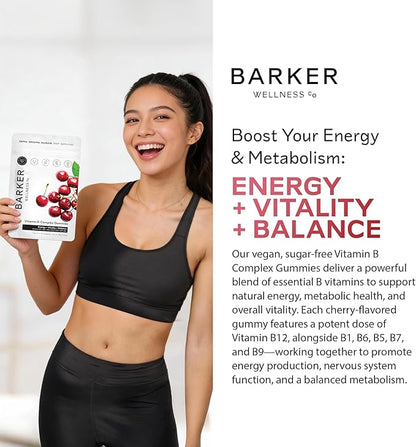 Barker Wellness Vegan B-Complex Gummies – Comprehensive Energy & Metabolism Boost with B1, B5, B6, B7 Biotin, B9 Folate, B12 | Sugar-Free Cherry Flavor for Daily Focus & Vitality