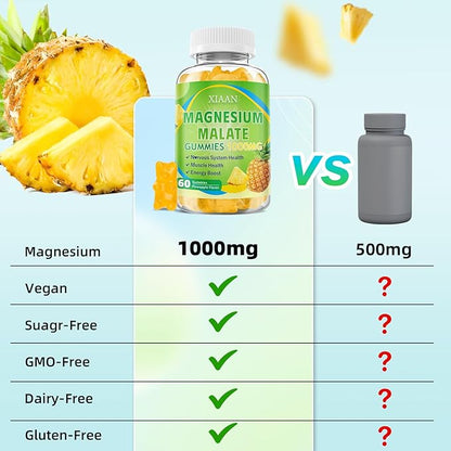 Magnesium Malate Gummies 1000mg, Chewable Magnesium Malate Supplements with CoQ10, L-Theanine & Vitamin B6 for Energy Boost & Muscle Health, Sugar-Free/Vegan, Pineapple Flavor 60 Count