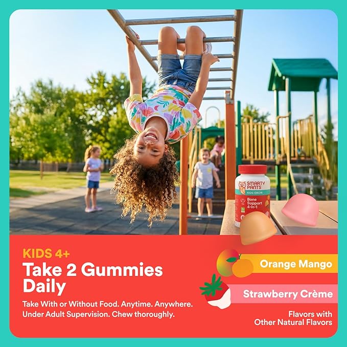 SmartyPants Kids Bone Support 4-in-1 Gummies with Calcium, Vitamin D3, K2 & Phosphorus for Growing Bones, Strawberry Mango, 60 Count (30 Day Supply)