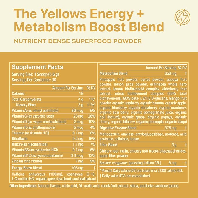Proper, The Yellows Metabolism and Energy Boost, Sugar Free Energy Drink Powder with 100mg Caffeine. 30 Servings, Pineapple Mango Drink Mix for Men and Women