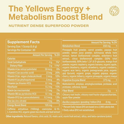 Proper, The Yellows Metabolism and Energy Boost, Sugar Free Energy Drink Powder with 100mg Caffeine. 30 Servings, Pineapple Mango Drink Mix for Men and Women