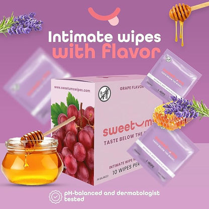 Sweetums Flavored Feminine Wipes For Women, Individually Wrapped - pH Balanced Wipes - Honey Lavender, Pack of 10