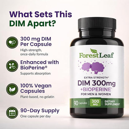 ForestLeaf DIM Supplement - 300mg DIM Estrogen Supplement for Women/Men - Diindolylmethane with BioPerine Black Pepper - Support for Detox, Metabolism, Hormone Balance & Menopause - 90 Caps
