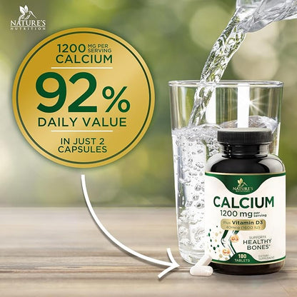 Calcium 1200 mg with Vitamin D3 Per Serving - Bone Health Supplement, Vitamin D & Calcium Supplements for Women & Men - Bone, Teeth & Immune Support, Nature's Calcium Pills, USA Bottled - 180 Tablets