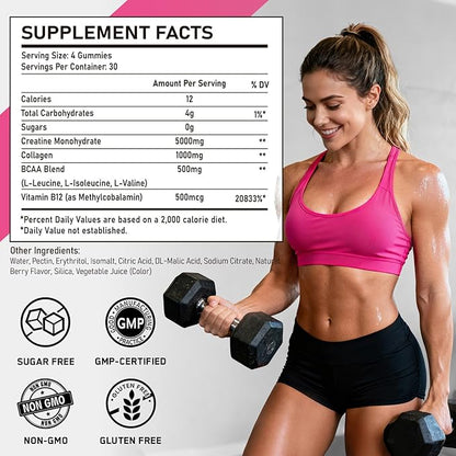 Creatine for Women, 5000mg Creatina Monohidratada Gummies with Collagen & BCAAs for Muscle Recovery, Energy & Skin, Chewable Post-Workout Supplement, Sugar-Free, No Bloating, 4 Gummies Per Day