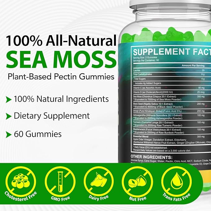 Sea Moss Gummies, SeaMoss Gummy with Black Seed Oil,Ashwagandha,Natural Ingredients Shilajit & Ginger for Men & Women, 17,590mg-60 Gummies