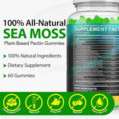 Sea Moss Gummies, SeaMoss Gummy with Black Seed Oil,Ashwagandha,Natural Ingredients Shilajit & Ginger for Men & Women, 17,590mg-60 Gummies