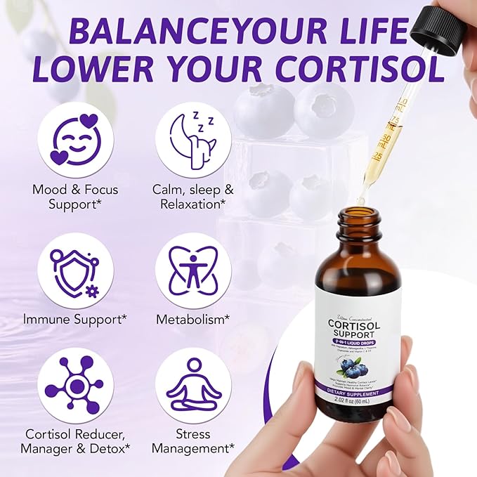 Cortisol Supplements for Women & Men, Cortisol Reducer, Support Hormone Balance, Mood, Focus & Sleep, 10 in 1 Cortisol Drops with Magnesium, Ashwagandha, L-theanine, Blueberry Flavor (1)