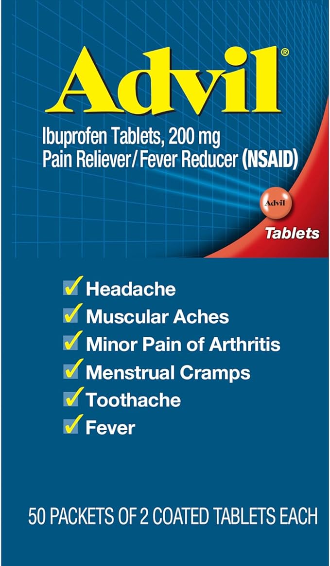 Advil Pain Reliever and Fever Reducer, Pain Relief Medicine with Ibuprofen 200mg for Headache, Backache, Menstrual Pain and Joint Pain Relief - 50x2 Coated Tablets