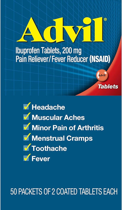 Advil Pain Reliever and Fever Reducer, Pain Relief Medicine with Ibuprofen 200mg for Headache, Backache, Menstrual Pain and Joint Pain Relief - 50x2 Coated Tablets