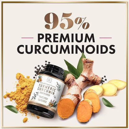 Turmeric Curcumin Supplement with 95% Curcuminoids, Organic Turmeric & Ginger 1750mg, BioPerine Black Pepper for Best Absorption, Nature's Vegan Joint Support, Non-GMO, Bottled in USA - 360 Capsules