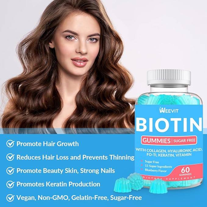 WEEVIT Sugar-Free Biotin Gummies, Biotin and Collagen Gummies with Keratin, Hyaluronic Acid for Women & Men | Hair Growth, Glowing Skin & Strong Nails | Vitamin B7 Supplement, Non-GMO, Chewable