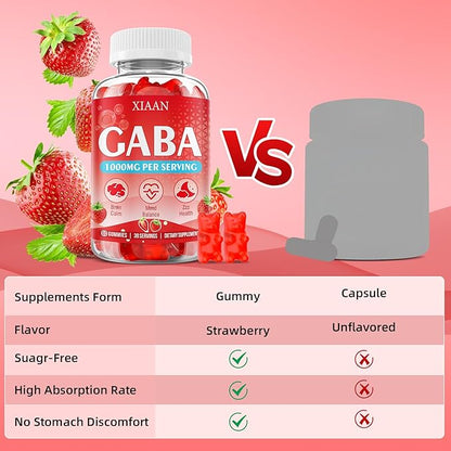GABA Gummies 1000mg for Kids & Adults, Chewable GABA Supplements with L Theanine 5-HTP Ashwagandha Vitamins B6,B12,D3 for Calm & Zzz, Sugar-Free/Vegan, Strawberry Flavor 120 Count